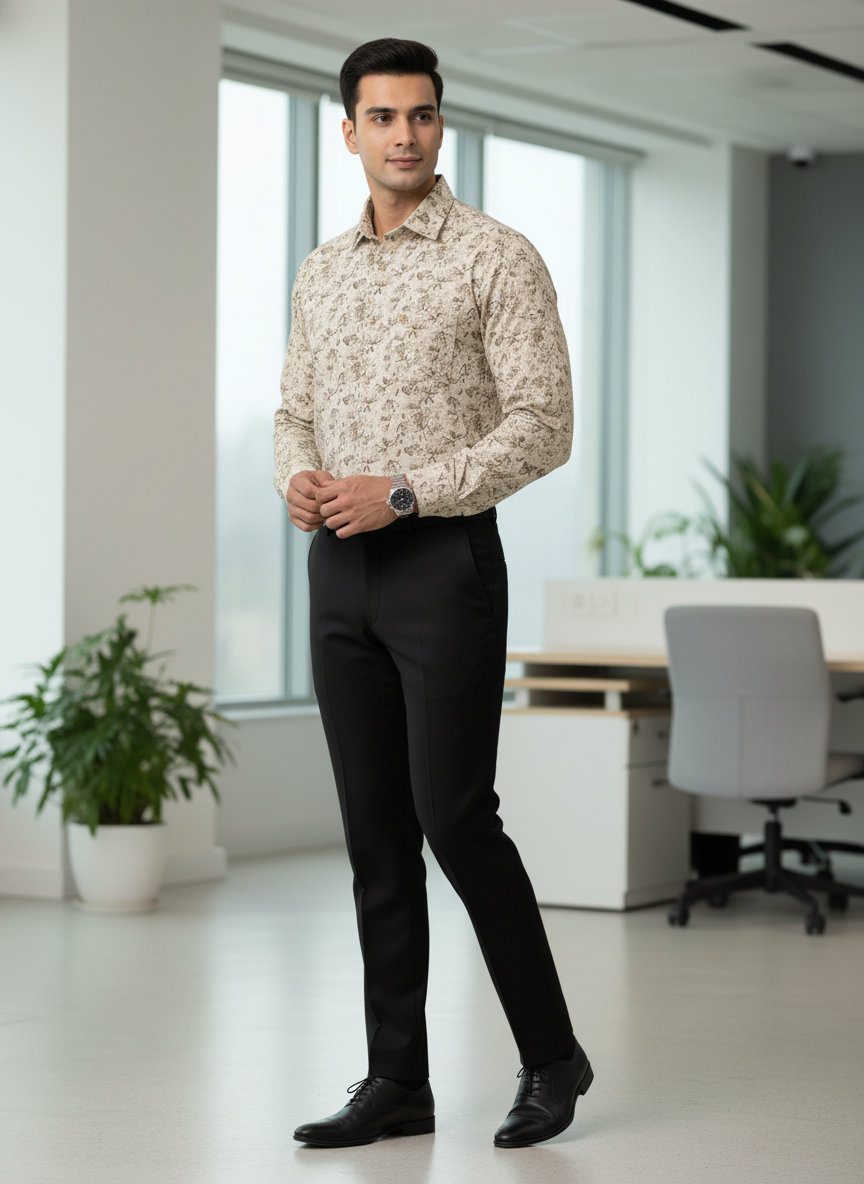 Men’s Beige Printed Formal Shirt – Stylish Office Wear Set