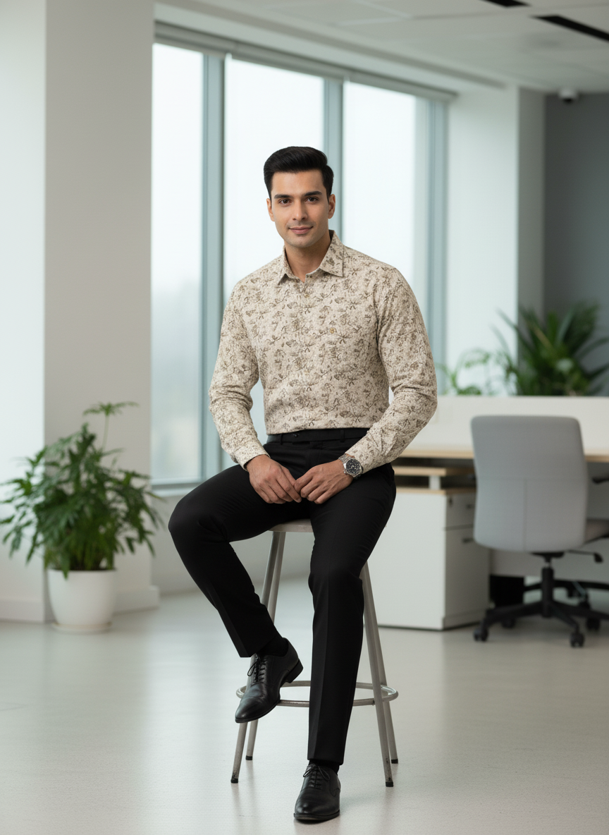 Men’s Beige Printed Formal Shirt – Stylish Office Wear Set