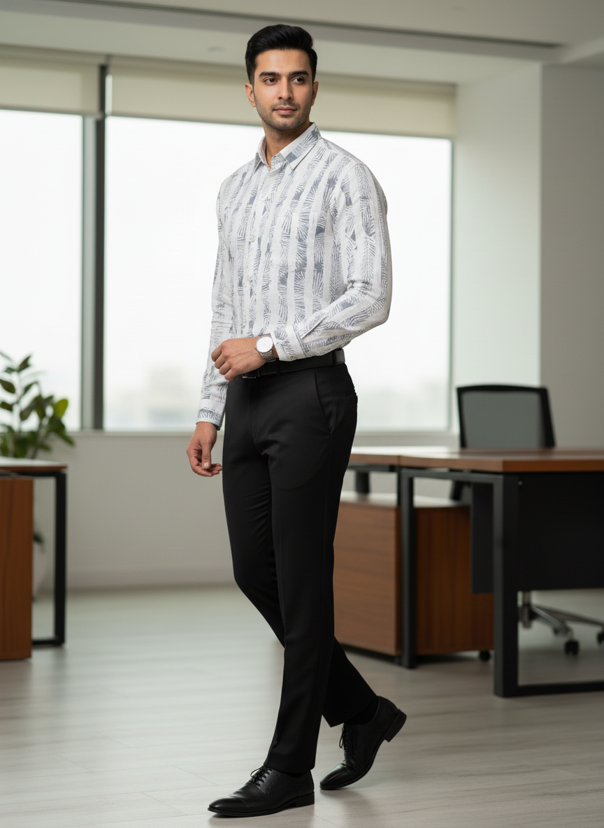 Men’s White Printed Formal Shirt – Modern Office Wear Set