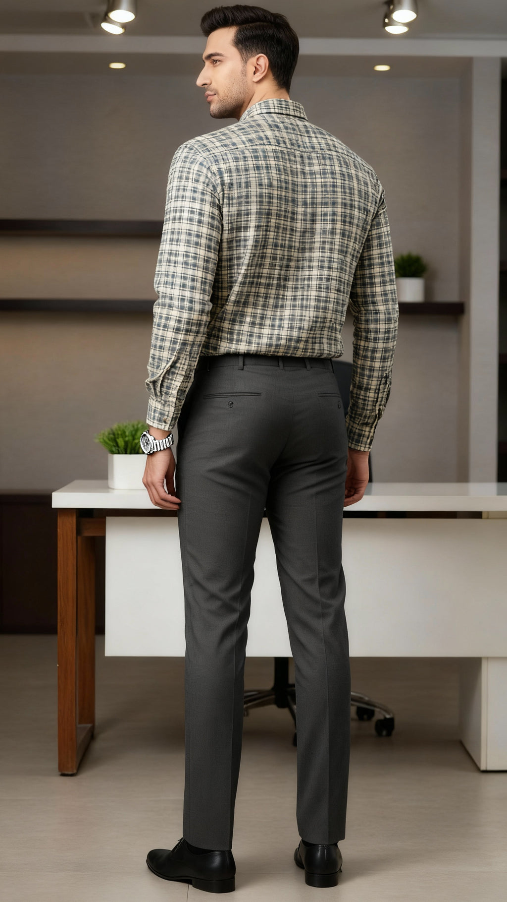 Men’s Beige & Grey Checker-ed Formal Shirt – Classic Office Wear Set