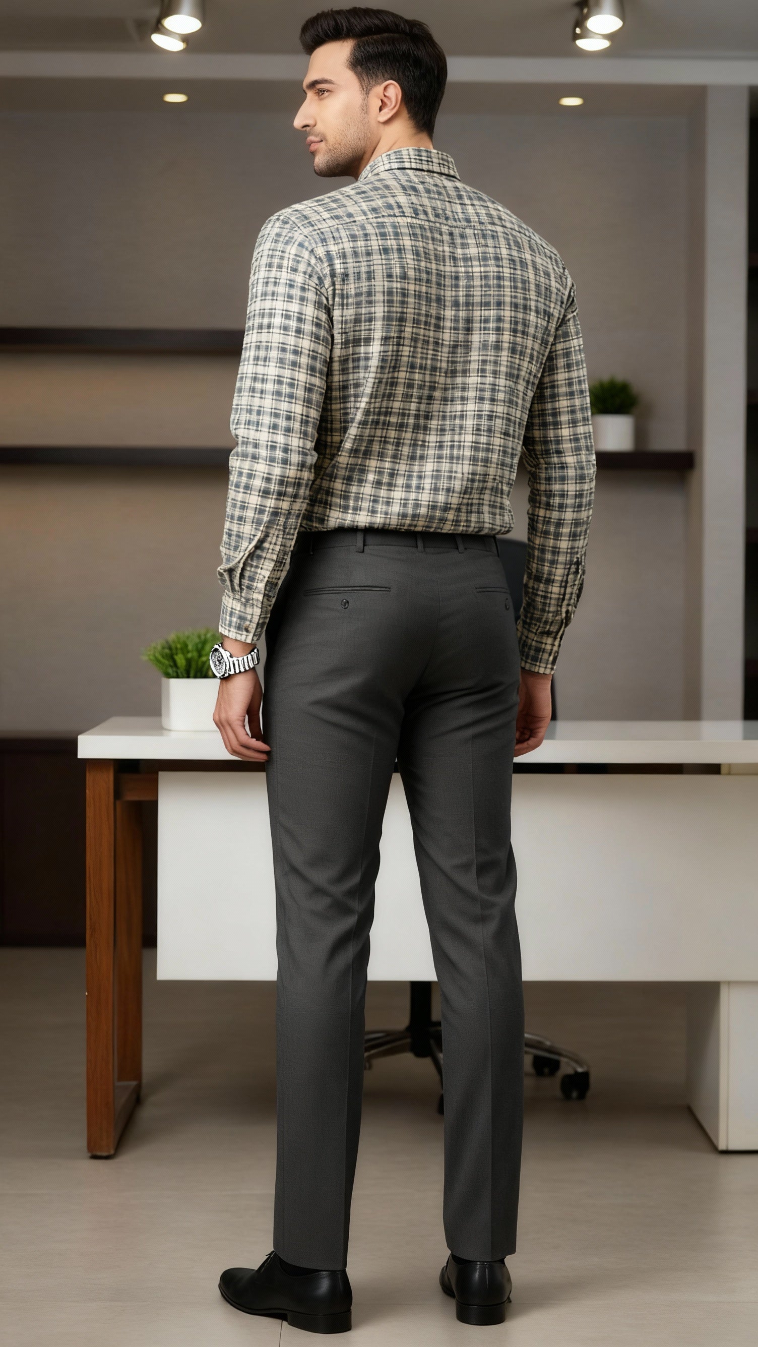 Men’s Beige & Grey Checker-ed Formal Shirt – Classic Office Wear Set