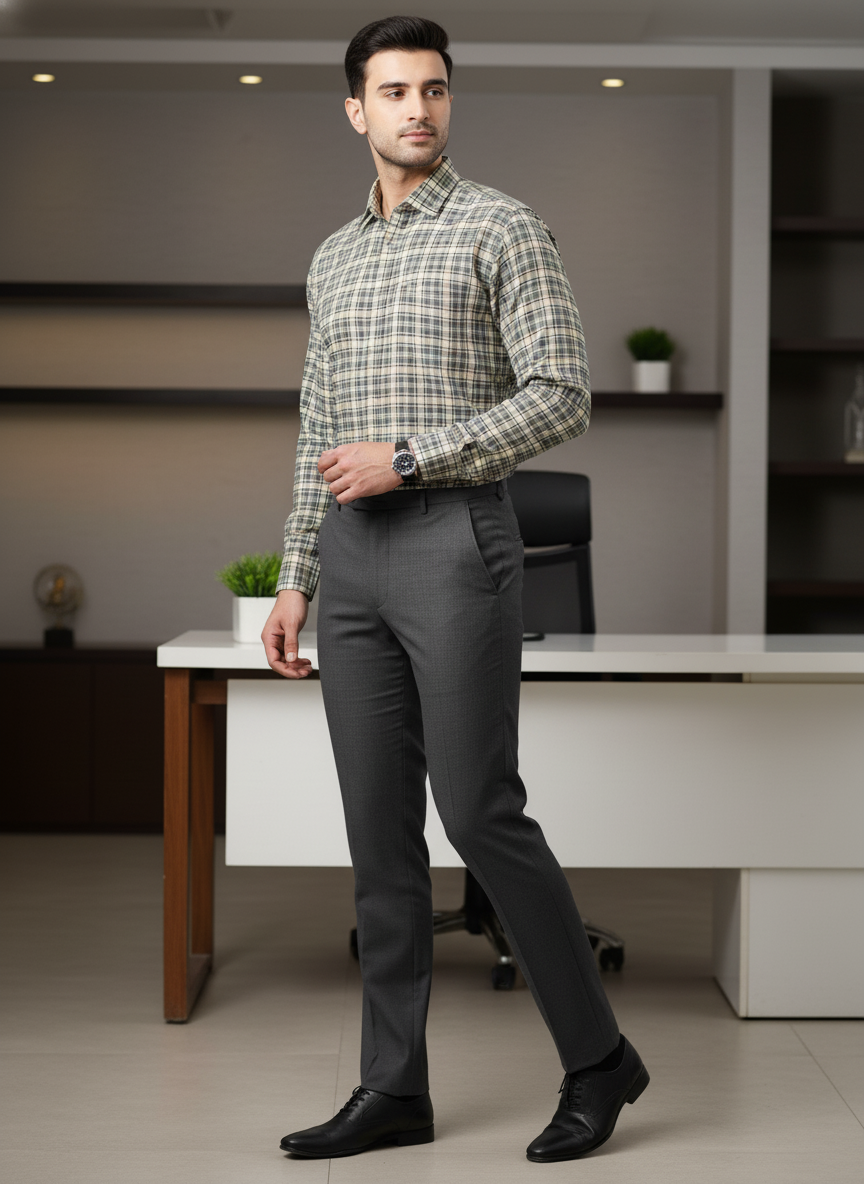Men’s Beige & Grey Checker-ed Formal Shirt – Classic Office Wear Set