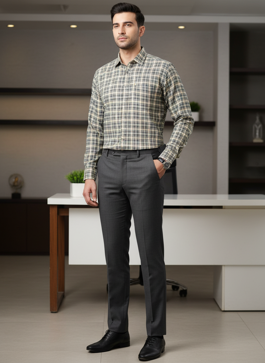 Men’s Beige & Grey Checker-ed Formal Shirt – Classic Office Wear Set