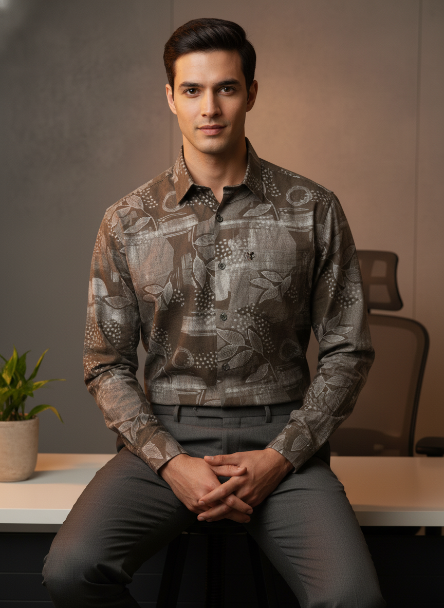 Men’s Brown Printed Formal Shirt – Stylish Office & Business Wear Set