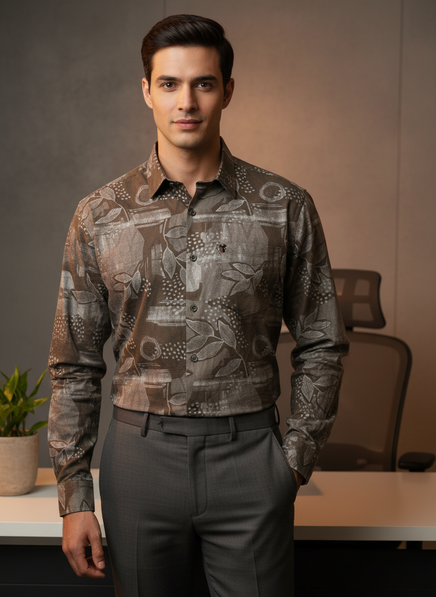 Men’s Brown Printed Formal Shirt – Stylish Office & Business Wear Set